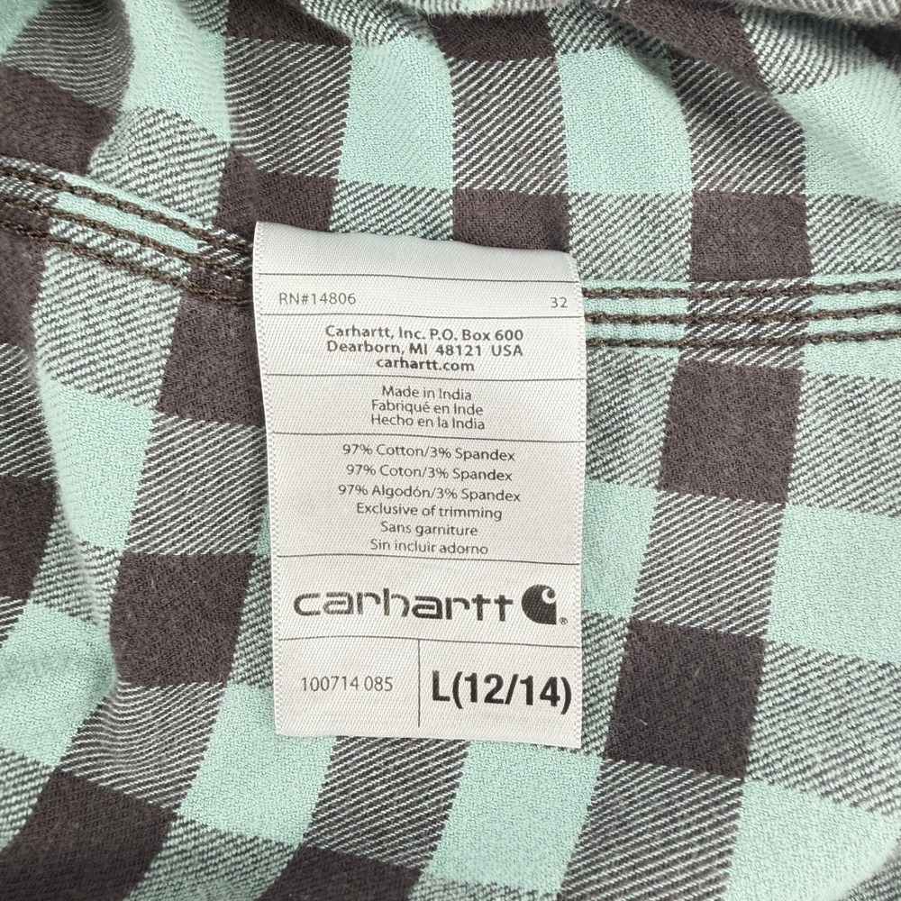 Carhartt Plaid Button Down Women L 12/14 Mint Brown Cotton Stretch Long Sleeve - Picture 5 of 10